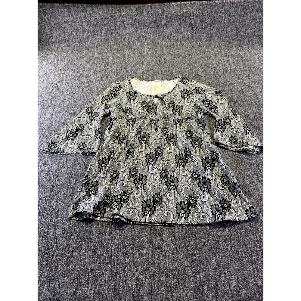 Lady Noiz Petal Bay Tunic Top Women Large White Black Floral Stretch 3/4 Sleeve